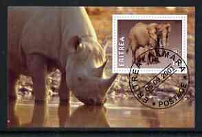 Eritrea 2001 Elephants & Rhino imperf souvenir sheet (with Rotary Logo) fine cto used, stamps on animals, stamps on elephants, stamps on rhinos, stamps on rotary