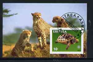 Eritrea 2001 Tortoise & Cheetahs imperf souvenir sheet (with Rotary Logo) fine cto used, stamps on , stamps on  stamps on animals, stamps on  stamps on tortoise, stamps on  stamps on cats, stamps on  stamps on rotary