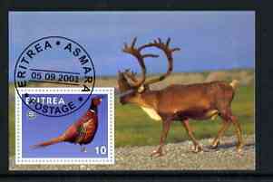 Eritrea 2001 Pheasant & Deer imperf souvenir sheet (with Rotary Logo) fine cto used, stamps on , stamps on  stamps on animals, stamps on  stamps on rotary, stamps on  stamps on game, stamps on  stamps on birds, stamps on  stamps on pheasants, stamps on  stamps on deer