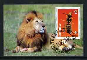 Eritrea 2001 Wasp & Lion imperf souvenir sheet (with Scout Logo) fine cto used, stamps on , stamps on  stamps on animals, stamps on  stamps on scouts, stamps on  stamps on wasps, stamps on  stamps on insects, stamps on  stamps on cats, stamps on  stamps on lions