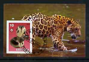 Eritrea 2001 Cobra & Leopard imperf souvenir sheet (with Scout Logo) fine cto used, stamps on , stamps on  stamps on animals, stamps on  stamps on scouts, stamps on  stamps on cats, stamps on  stamps on leopard, stamps on  stamps on snakes, stamps on  stamps on reptiles, stamps on  stamps on snake, stamps on  stamps on snakes, stamps on  stamps on 