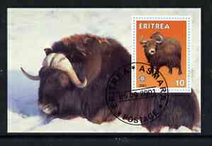 Eritrea 2001 Oxen & Buffalo imperf souvenir sheet (with Rotary Logo) fine cto used, stamps on animals, stamps on oxen, stamps on bovine, stamps on rotary