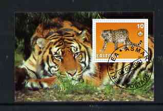 Eritrea 2001 Leopard & Tiger imperf souvenir sheet (with Scout Logo) fine cto used, stamps on , stamps on  stamps on animals, stamps on  stamps on scouts, stamps on  stamps on cats, stamps on  stamps on tigers