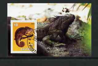 Eritrea 2001 Chameleon & Frilled Dragon imperf souvenir sheet (with Scout Logo) fine cto used, stamps on , stamps on  stamps on animals, stamps on  stamps on scouts, stamps on  stamps on reptiles, stamps on  stamps on dragons, stamps on  stamps on chameleons