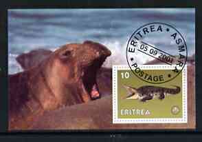 Eritrea 2001 Seal & Crocodile imperf souvenir sheet (with Scout Logo) fine cto used, stamps on , stamps on  stamps on animals, stamps on  stamps on scouts, stamps on  stamps on seals, stamps on  stamps on crocodiles