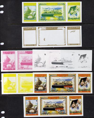 Lesotho 1982 Sesotho Bible Centenary se-tenant strip of 3 x 7 imperf progressive proofs comprising the 5 individual colours plus 2 different combination composites, extre..., stamps on literature  religion