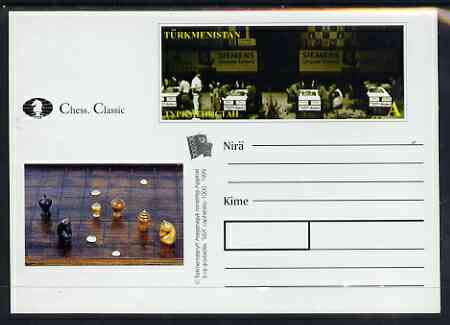 Turkmenistan 1999 Chess Classic postal stationery card No.2 from a series of 6 showing Contestants at play (long stamp) unused and pristine, stamps on , stamps on  stamps on chess