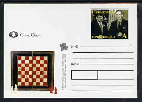 Turkmenistan 1999 Chess Classic postal stationery card No.4 from a series of 6 showing Two players, unused and pristine, stamps on , stamps on  stamps on chess