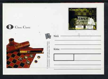 Turkmenistan 1999 Chess Classic postal stationery card No.5 from a series of 6 showing Anand & Kramnik, unused and pristine, stamps on , stamps on  stamps on chess