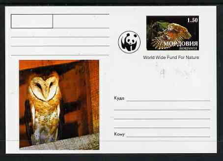 Mordovia Republic 1999 WWF - Owls #1 postal stationery card unused and pristine, stamps on wwf, stamps on birds, stamps on birds of prey, stamps on owls, stamps on  wwf , stamps on 