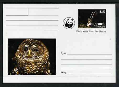 Mordovia Republic 1999 WWF - Owls #4 postal stationery card unused and pristine, stamps on wwf, stamps on birds, stamps on birds of prey, stamps on owls, stamps on  wwf , stamps on 