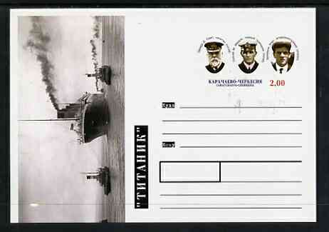 Karachaevo-Cherkesia Republic 1999 The Titanic #1 postal stationery card unused and pristine showing being escorted by tugs, stamps on , stamps on  stamps on ships, stamps on  stamps on titanic, stamps on  stamps on tugs