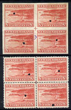 Newfoundland 1941-44 KG6 Paper Mills 8c in perf & imperf proof blocks of 4 from Waterlow archives, each stamp with security punch hole, some wrinkling but very scarce (SG 282), stamps on , stamps on  stamps on printing