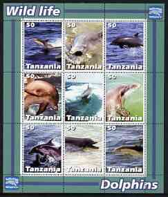 Tanzania 2003 Wild Life - Dolphins perf sheetlet containing set of 9 values unmounted mint, stamps on , stamps on  stamps on dolphins, stamps on  stamps on animals, stamps on  stamps on marine life