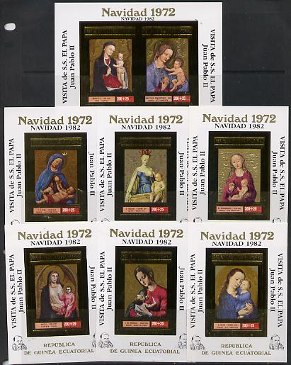 Equatorial Guinea 1982 Popes Visit opt in black on 1972 Christmas set of 7 imperf sheetlets in gold with white background unmounted mint, stamps on arts  christmas    pope    personalities   religion