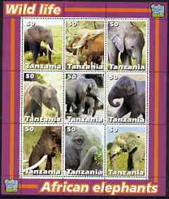 Tanzania 2003 Wild Life - Elephants perf sheetlet containing set of 9 values unmounted mint, stamps on animals, stamps on elephants