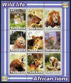 Tanzania 2003 Wild Life - Lions perf sheetlet containing set of 9 values unmounted mint, stamps on animals, stamps on lions, stamps on cats