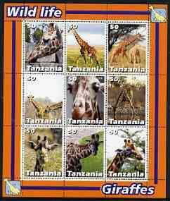 Tanzania 2003 Wild Life - Giraffes perf sheetlet containing set of 9 values unmounted mint, stamps on , stamps on  stamps on animals, stamps on  stamps on giraffes