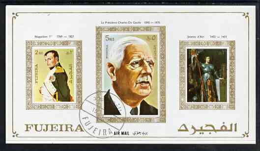 Fujeira 1972 (?) imperf m/sheet showing Napoleon (2R) De Gaulle (5R) & Joan of Arc (3R) cto used, stamps on napoleon, stamps on personalities, stamps on de gaulle, stamps on constitutions     , stamps on personalities, stamps on de gaulle, stamps on  ww1 , stamps on  ww2 , stamps on militaria  , stamps on dictators.