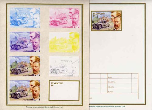 St Vincent 1987 Centenary of Motoring $4 Charles Rolls & Sir Henry Royce with 1907 Silver Ghost set of 9 imperf progressive proofs comprising the 5 individual colours plus 2, 3, 4 and all 5 colour composites mounted on special Format International cards (9 proofs as SG 1087), stamps on cars  personalities  transport