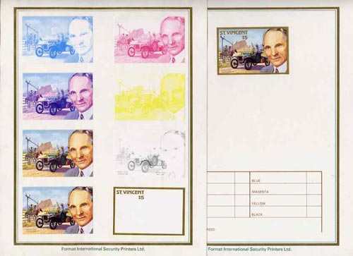 St Vincent 1987 Centenary of Motoring $5 Henry Ford with model 'T' set of 9 imperf progressive proofs comprising the 5 individual colours plus 2, 3, 4 and all 5 colour composites mounted on special Format International cards (9 proofs as SG 1088), stamps on , stamps on  stamps on cars, stamps on  stamps on personalities, stamps on  stamps on transport, stamps on  stamps on masonics, stamps on  stamps on masonry