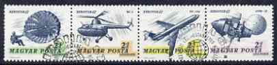 Hungary 1967 Aerofila 67 Airmail Stamp Exhibition #2 se-tenant perf strip of 4 (Parachute, Helicopter, Airliner & Lunar 12 ) used with special cancel, Mi 2351-54, stamps on aviation, stamps on space, stamps on helicopter, stamps on parachutes, stamps on stamp exhibitions