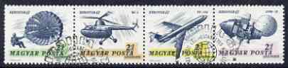 Hungary 1967 'Aerofila '67' Airmail Stamp Exhibition #2 se-tenant perf strip of 4 (Parachute, Helicopter, Airliner & Lunar 12 ) used with special cancel, Mi 2351-54, stamps on aviation, stamps on space, stamps on helicopter, stamps on parachutes, stamps on stamp exhibitions