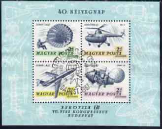 Hungary 1967 'Aerofila '67' Airmail Stamp Exhibition #2 perf m/sheet (Parachute, Helicopter, Airliner & Lunar 12 ) used with special cancel, SG MS 2272, stamps on , stamps on  stamps on aviation, stamps on  stamps on space, stamps on  stamps on helicopter, stamps on  stamps on parachutes, stamps on  stamps on stamp exhibitions, stamps on  stamps on space