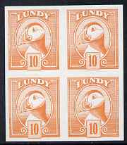 Lundy 1982 Puffin def 10p pale orange in issued colour imperforate unmounted mint block of 4, stamps on , stamps on  stamps on birds, stamps on  stamps on lundy, stamps on  stamps on puffins