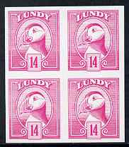 Lundy 1982 Puffin def 14p cerise in issued colour imperforate unmounted mint block of 4, stamps on , stamps on  stamps on birds, stamps on  stamps on lundy, stamps on  stamps on puffins