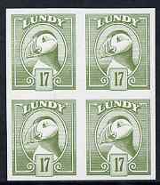 Lundy 1982 Puffin def 17p green in issued colour imperforate unmounted mint block of 4, stamps on , stamps on  stamps on birds, stamps on  stamps on lundy, stamps on  stamps on puffins