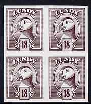 Lundy 1982 Puffin def 18p brown-purple in issued colour imperforate unmounted mint block of 4, stamps on birds, stamps on lundy, stamps on puffins