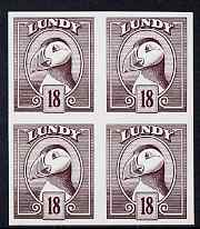 Lundy 1982 Puffin def 18p brown-purple in issued colour imperforate unmounted mint block of 4, stamps on , stamps on  stamps on birds, stamps on  stamps on lundy, stamps on  stamps on puffins