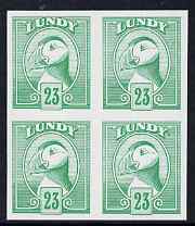 Lundy 1982 Puffin def 23p pale green in issued colour imperforate unmounted mint block of 4, stamps on birds, stamps on lundy, stamps on puffins