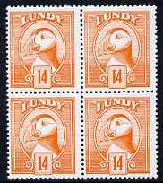 Lundy 1982 Puffin def 14p orange perf colour trial (the colour of the issued 10p) unmounted mint block of 4, stamps on , stamps on  stamps on birds, stamps on  stamps on lundy, stamps on  stamps on puffins