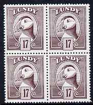 Lundy 1982 Puffin def 17p brown-purple perf colour trial (the colour of the issued 18p) unmounted mint block of 4, stamps on , stamps on  stamps on birds, stamps on  stamps on lundy, stamps on  stamps on puffins