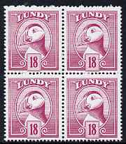 Lundy 1982 Puffin def 18p mauve perf colour trial unmounted mint block of 4, stamps on , stamps on  stamps on birds, stamps on  stamps on lundy, stamps on  stamps on puffins