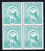 Lundy 1982 Puffin def 20p turquoise-green perf colour trial unmounted mint block of 4, stamps on , stamps on  stamps on birds, stamps on  stamps on lundy, stamps on  stamps on puffins