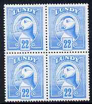 Lundy 1982 Puffin def 22p bright blue perf colour trial unmounted mint block of 4, stamps on birds, stamps on lundy, stamps on puffins