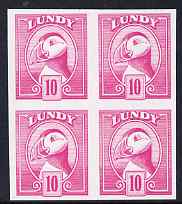 Lundy 1982 Puffin def 10p cerise imperf colour trial (the colour of the issued 14p) unmounted mint block of 4, stamps on , stamps on  stamps on birds, stamps on  stamps on lundy, stamps on  stamps on puffins