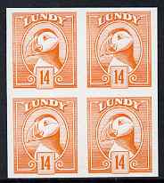 Lundy 1982 Puffin def 14p orange imperf colour trial (the colour of the issued 10p) unmounted mint block of 4, stamps on birds, stamps on lundy, stamps on puffins