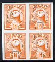 Lundy 1982 Puffin def 14p orange imperf colour trial (the colour of the issued 10p) unmounted mint block of 4, stamps on , stamps on  stamps on birds, stamps on  stamps on lundy, stamps on  stamps on puffins