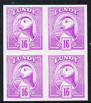 Lundy 1982 Puffin def 16p magenta imperf colour trial unmounted mint block of 4, stamps on birds, stamps on lundy, stamps on puffins