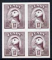 Lundy 1982 Puffin def 17p brown-purple imperf colour trial (the colour of the issued 18p) unmounted mint block of 4, stamps on birds, stamps on lundy, stamps on puffins