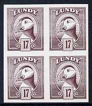 Lundy 1982 Puffin def 17p brown-purple imperf colour trial (the colour of the issued 18p) unmounted mint block of 4, stamps on , stamps on  stamps on birds, stamps on  stamps on lundy, stamps on  stamps on puffins