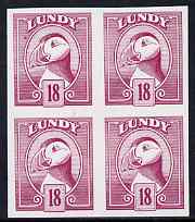Lundy 1982 Puffin def 18p mauve imperf colour trial unmounted mint block of 4, stamps on birds, stamps on lundy, stamps on puffins