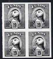 Lundy 1982 Puffin def 19p black imperf colour trial (the colour of the issued 20p) unmounted mint block of 4, stamps on birds, stamps on lundy, stamps on puffins