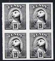 Lundy 1982 Puffin def 19p black imperf colour trial (the colour of the issued 20p) unmounted mint block of 4, stamps on birds, stamps on lundy, stamps on puffins