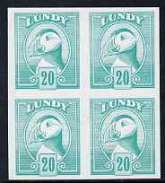 Lundy 1982 Puffin def 20p turquoise-green imperf colour trial unmounted mint block of 4, stamps on birds, stamps on lundy, stamps on puffins