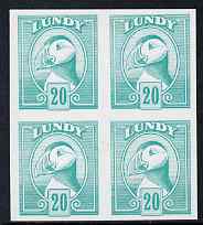 Lundy 1982 Puffin def 20p turquoise-green imperf colour trial unmounted mint block of 4, stamps on , stamps on  stamps on birds, stamps on  stamps on lundy, stamps on  stamps on puffins